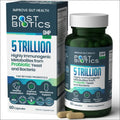 Green bottle and box of postbiotics dietary supplement with probiotic yeast and bacteria for gut health and microbiome support