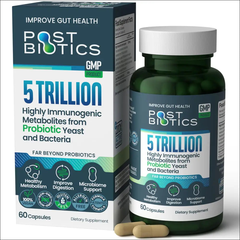Green bottle and box of postbiotics dietary supplement with probiotic yeast and bacteria for gut health and microbiome support