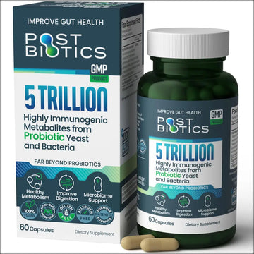 Green bottle and box of postbiotics dietary supplement with probiotic yeast and bacteria for gut health and microbiome support