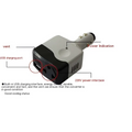 Gray and black car transformer power supply with usb port and 220v outlet for mobile device charging