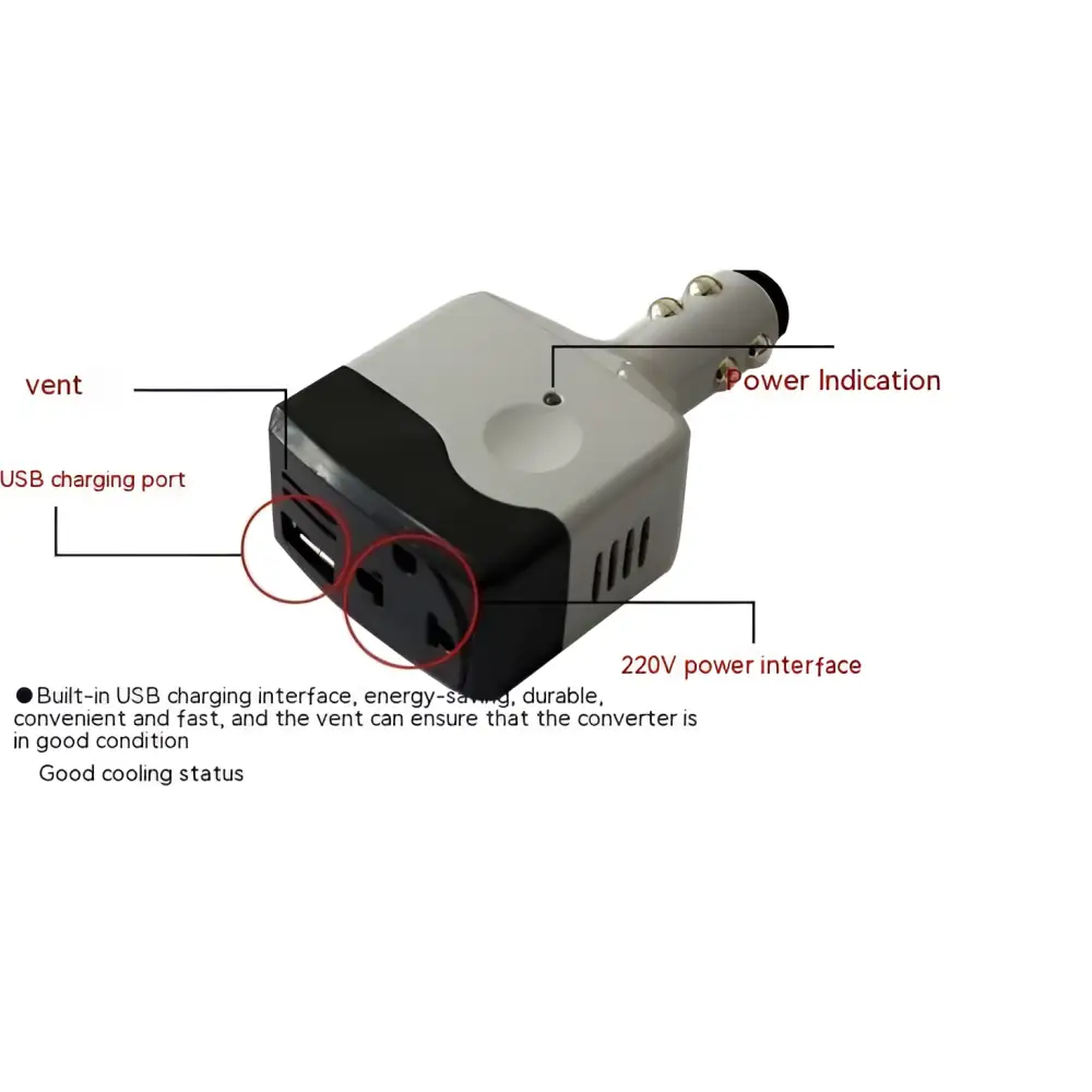 Gray and black car transformer power supply with usb port and 220v outlet for mobile device charging