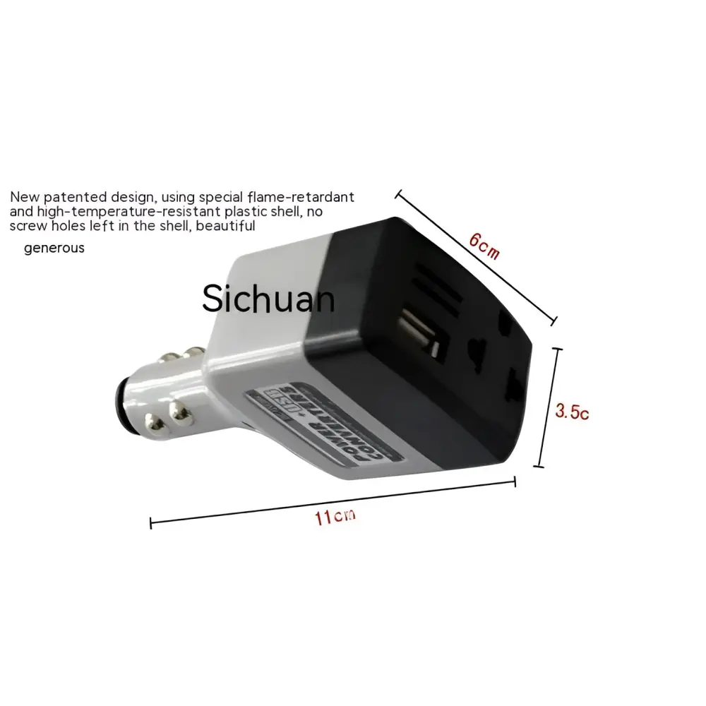 Black and silver car transformer power supply with usb ports for mobile device charging and efficient power conversion
