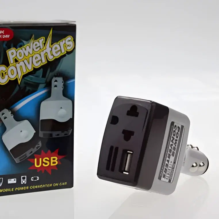 Black and silver car transformer power supply with usb ports for mobile device charging and efficient power conversion