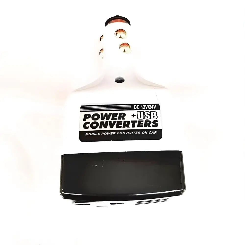 White and black car transformer power supply with usb ports for mobile device charging and black power supply features