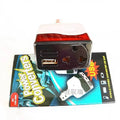 White and red car transformer power supply with usb ports for mobile device charging and black power supply features
