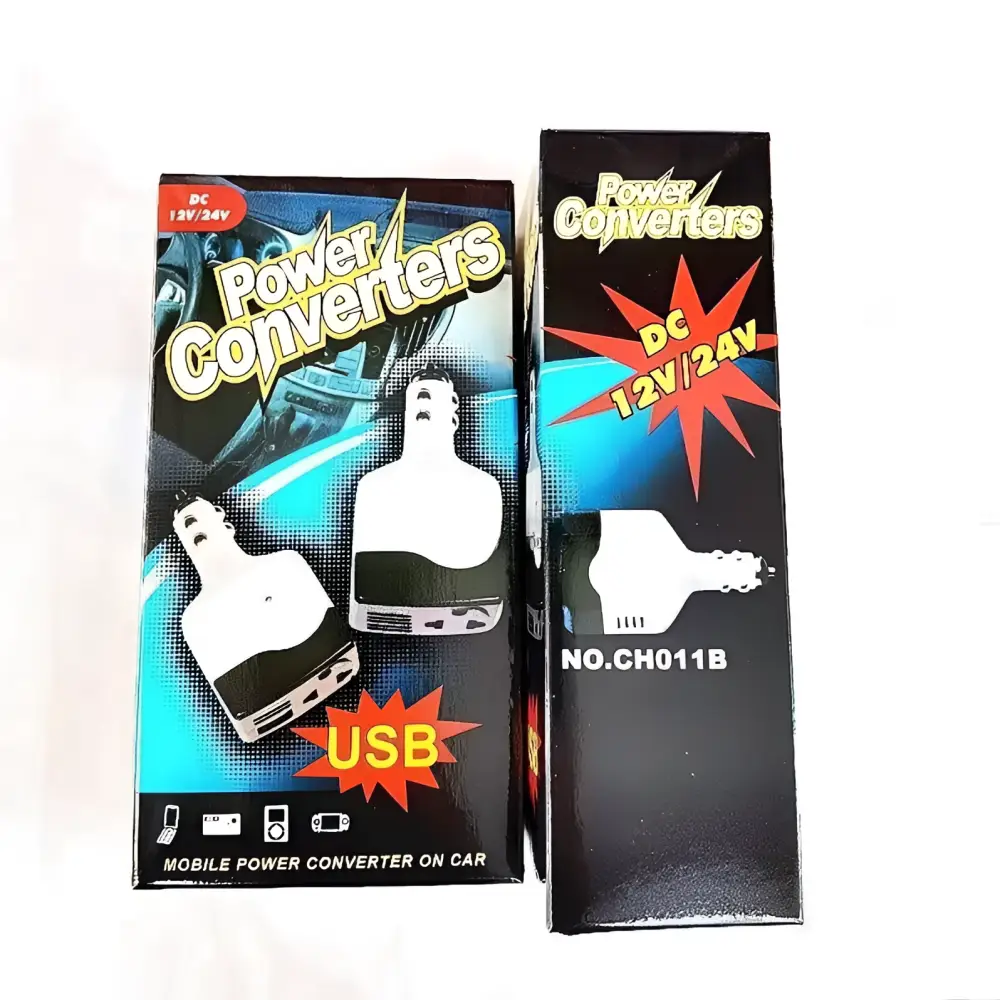 White and black car transformer model ch011b with usb ports for mobile device charging and black power supply features