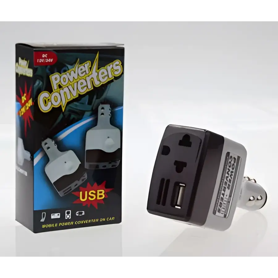Black and silver car transformer power supply with usb ports for mobile device charging and efficient power delivery