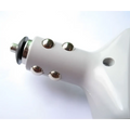 White ceramic car transformer with silver metallic studs and black power supply for mobile device charging