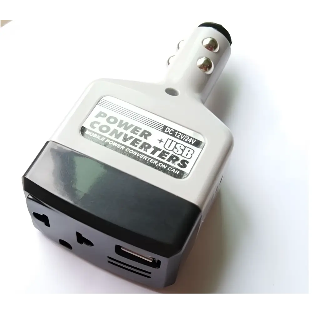 Silver and black car transformer power supply with usb ports for mobile device charging in vehicles