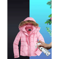 Pink puffer jacket with fur-lined hood and quilted design shown alongside powerful grease cleaning spray product
