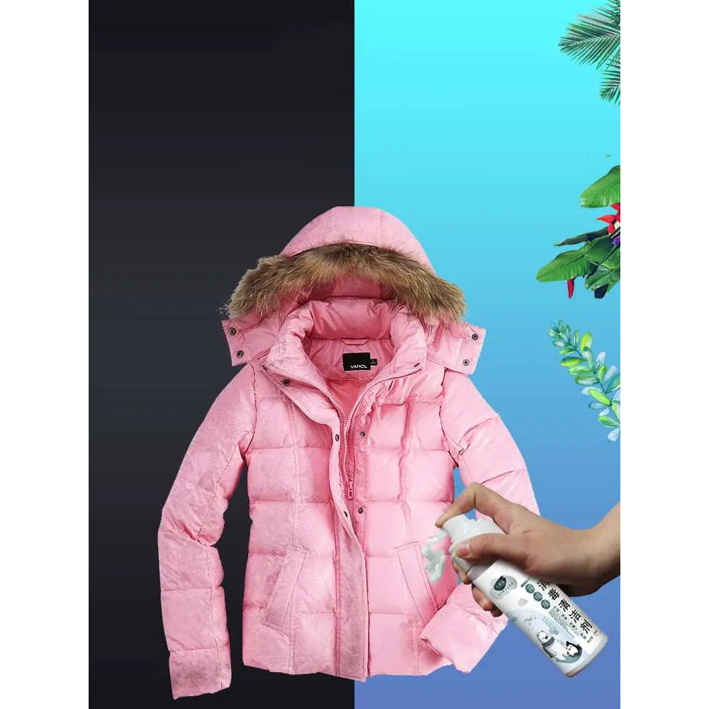 Pink puffer jacket with fur-lined hood and quilted design shown alongside powerful grease cleaning spray product