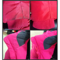 Bright pink puffer jacket with black reinforced shoulder panels and ribbed cuffs ideal for grease cleaning spray protection