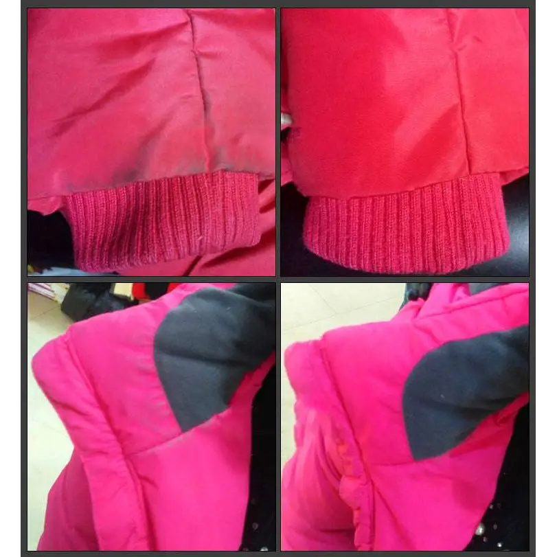Bright pink puffer jacket with black reinforced shoulder panels and ribbed cuffs ideal for grease cleaning spray protection