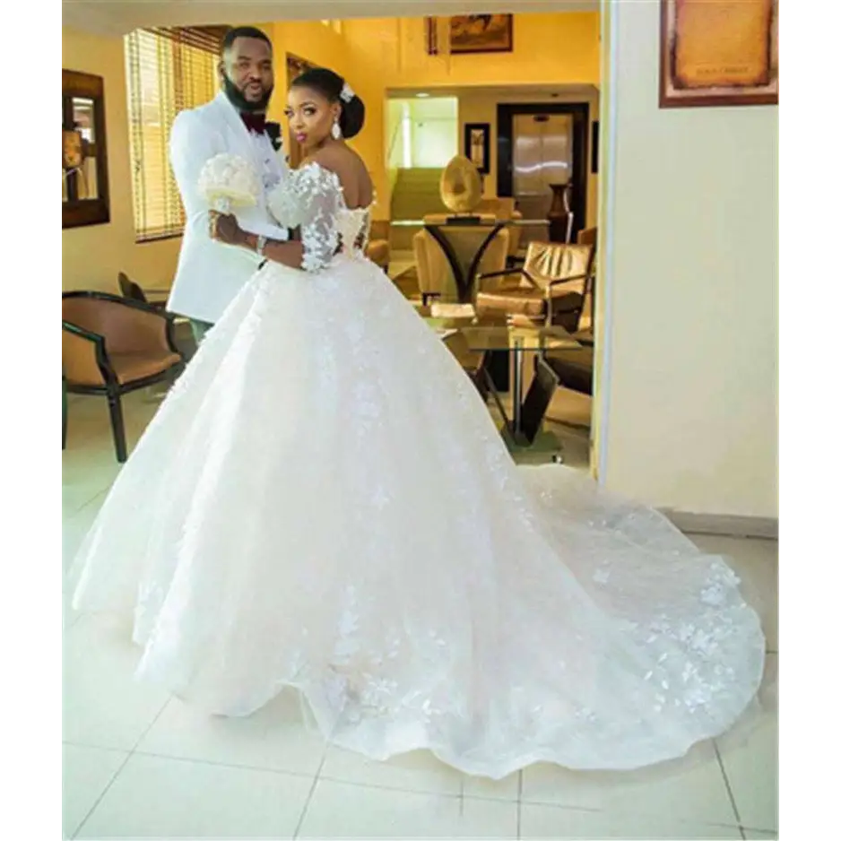 White off-the-shoulder pregnant women princess wedding dress with lace sleeves and floral lace detailing long sleeves