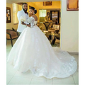White lace pregnant women princess wedding dress with off-the-shoulder lace sleeves and voluminous skirt