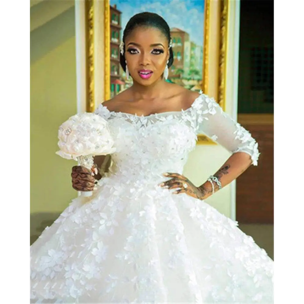 White off-the-shoulder pregnant women princess wedding dress with lace sleeves and intricate floral appliqués