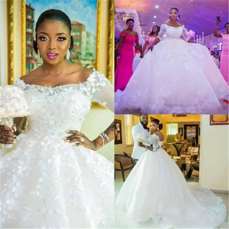 White off-the-shoulder pregnant women princess wedding dress with lace sleeves and floral lace detailing long sleeves