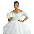White off-the-shoulder pregnant women princess wedding dress with lace sleeves and a voluminous lace skirt