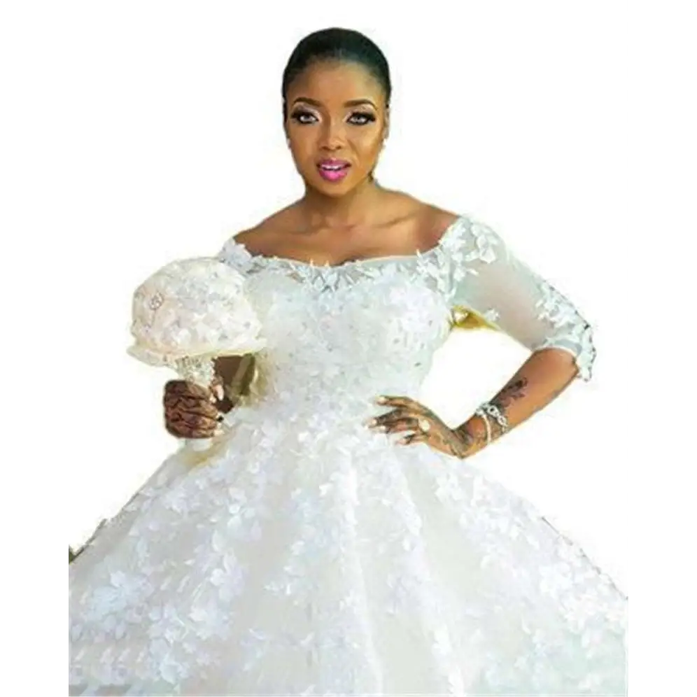 White off-the-shoulder pregnant women princess wedding dress with lace sleeves and a voluminous lace skirt