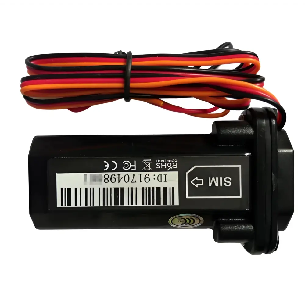 Black rectangular premium gps tracker with bundled red orange and black cable for cars and motorcycles use