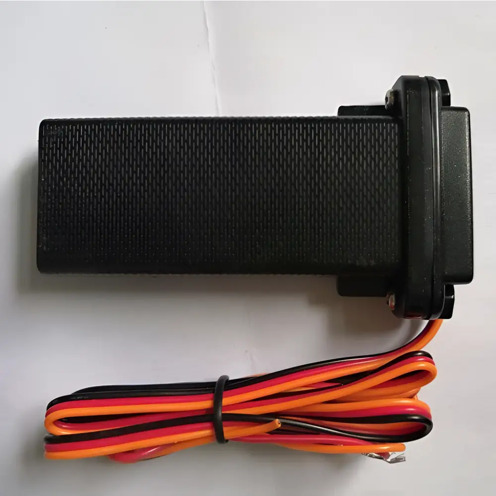 Black rectangular premium gps tracker for cars and motorcycles with textured surface and attached multi-colored wiring