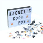 White magnetic premium led cinema lightbox displaying magnetic good box with black letter tiles and emoji stickers