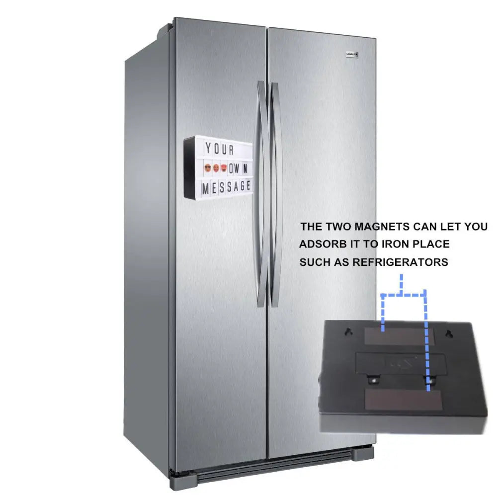 Silver stainless steel side-by-side refrigerator with a premium led cinema lightbox magnetic message board on the door
