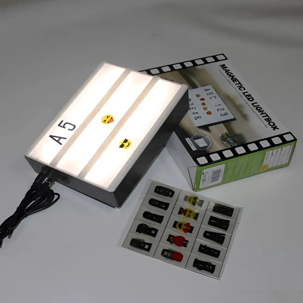 Premium led cinema lightbox black a5 magnetic with three illuminated strips and decorative emoji magnets