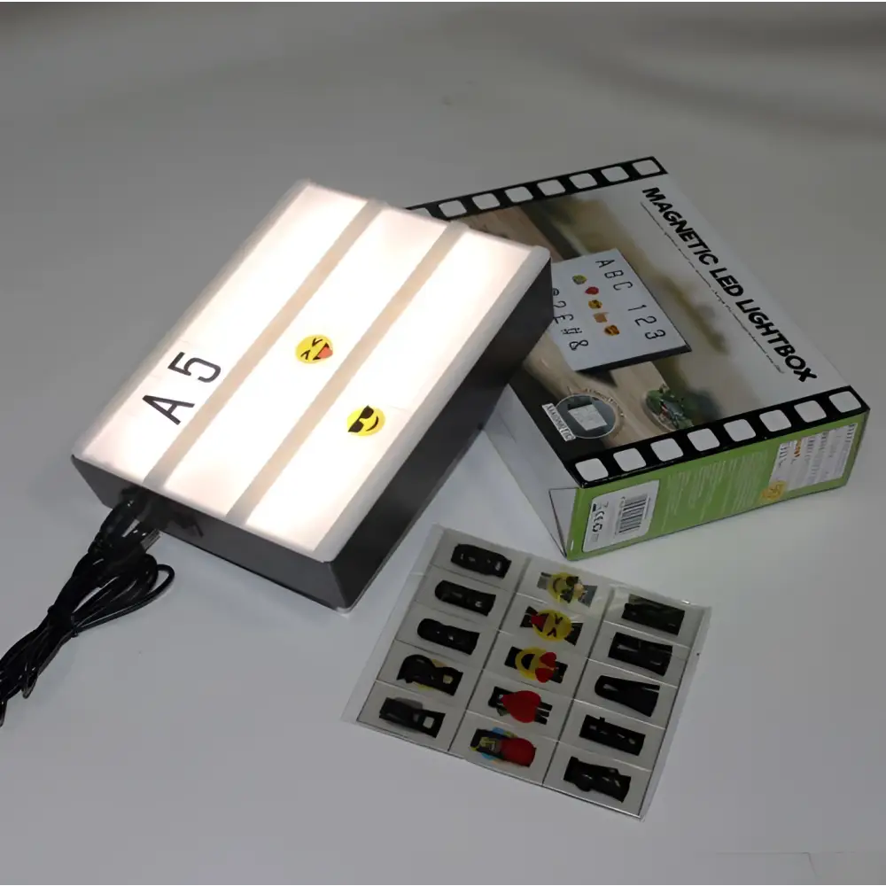 Black-framed premium led cinema lightbox displaying hashtag party time with emojis against a dark background