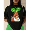 Black short-sleeved t-shirt with vibrant green love noodles portrait print crew featuring a woman eating noodles