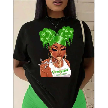 Black short-sleeved t-shirt with vibrant green love noodles portrait print crew featuring a woman eating noodles