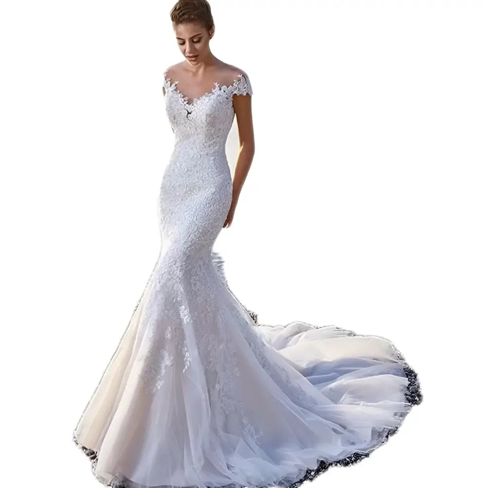 White lace princess bride mermaid wedding dress with off-the-shoulder sleeves and a flowing train
