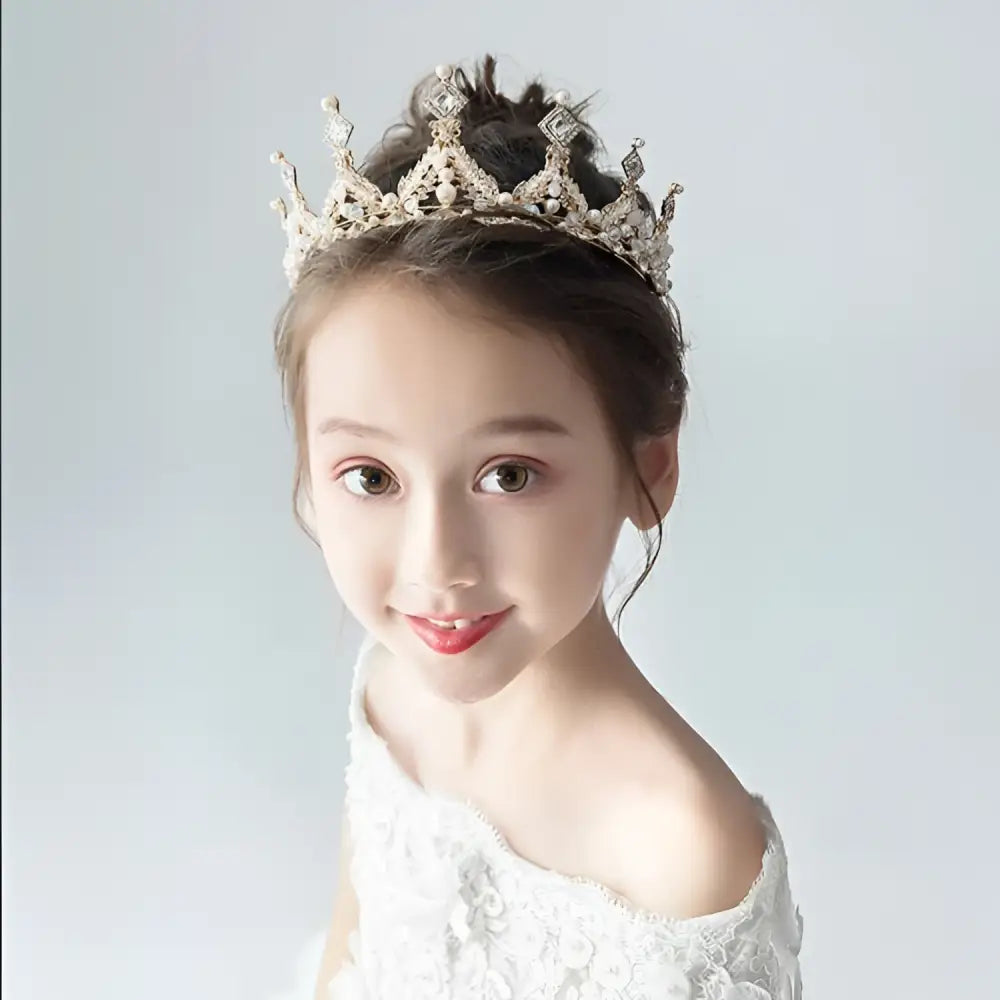 Princess girl diamond crown crystal headband with intricate filigree adorned with sparkling crystals and tiny pearls