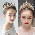 Gold-colored princess girl diamond crown crystal headband with intricate filigree and sparkling crystals adornment