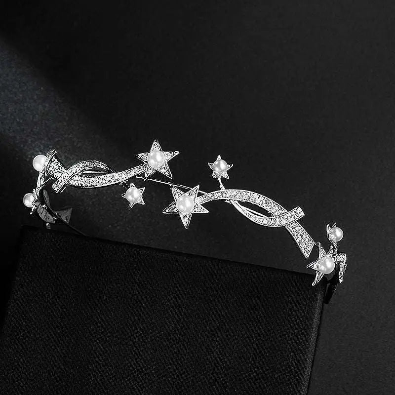 Princess XINGX bridal crown headband adorned with sparkling diamonds and white pearls in a delicate silver design