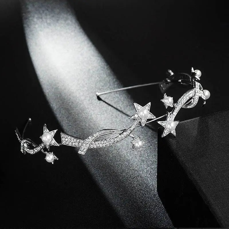 Princess xingx bridal crown headband adorned with a delicate silver star design, sparkling diamonds, and white pearls