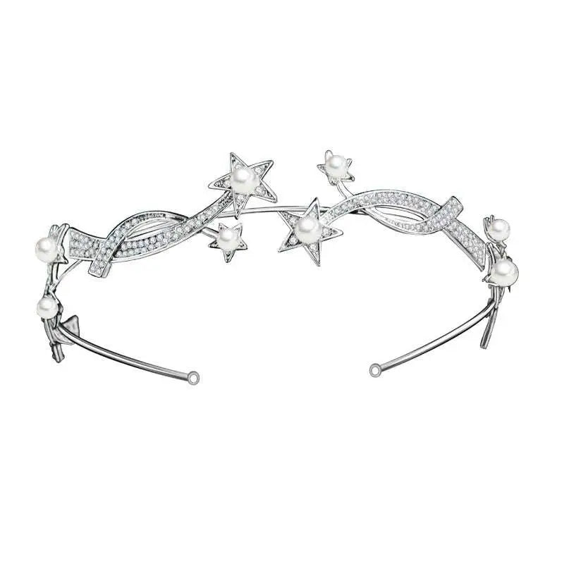 Silver princess xingx bridal crown headband adorned with sparkling diamonds and white pearls in star-shaped designs