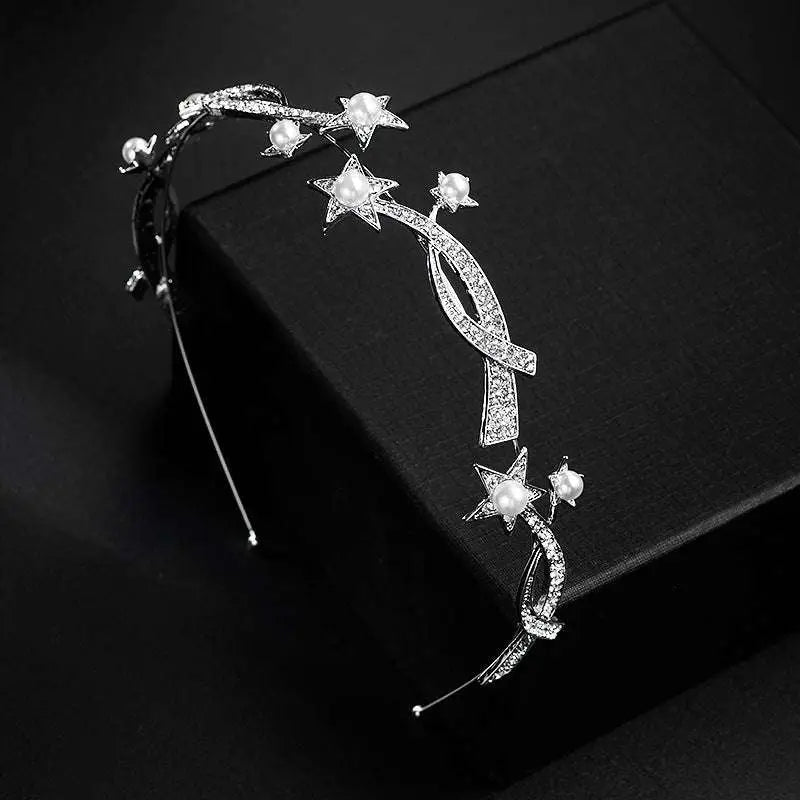 Princess xingx bridal crown headband adorned with silver star design, sparkling rhinestones, and white pearls