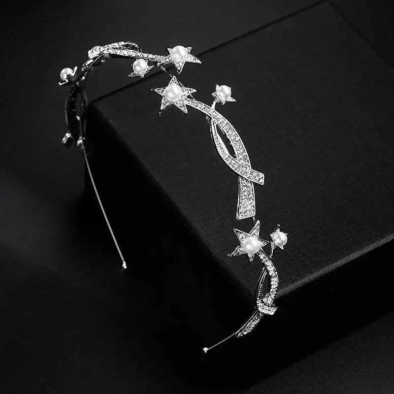 Princess XINGX bridal delicate silver crown headband adorned with pearls and sparkling diamonds for special occasions
