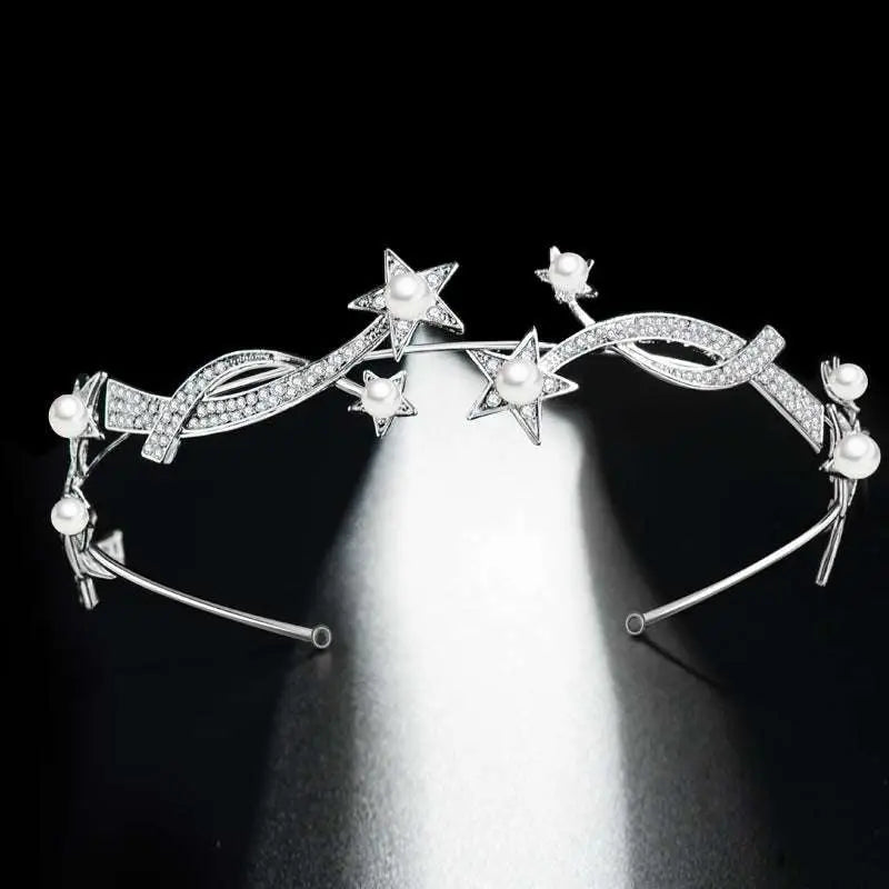 Princess XINGX bridal crown headband adorned with sparkling diamonds and white pearls in a delicate silver design