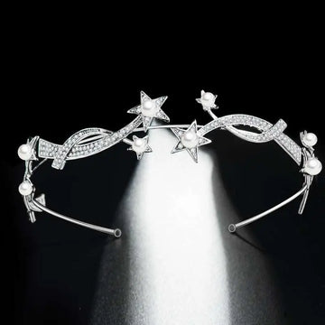 Princess XINGX bridal crown headband adorned with sparkling diamonds and white pearls in a delicate silver design