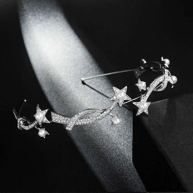 Silver princess xingx bridal crown headband adorned with sparkling diamonds and delicate pearls in star shape
