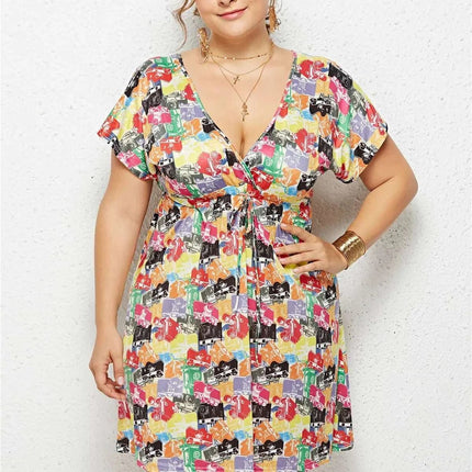 Printed Deep V - Neck Dress with Elastic Waist - Royalessencelux