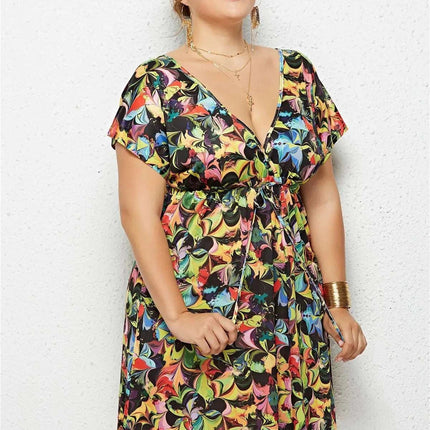 Printed Deep V - Neck Dress with Elastic Waist - Royalessencelux