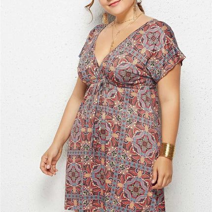 Printed Deep V - Neck Dress with Elastic Waist - Royalessencelux