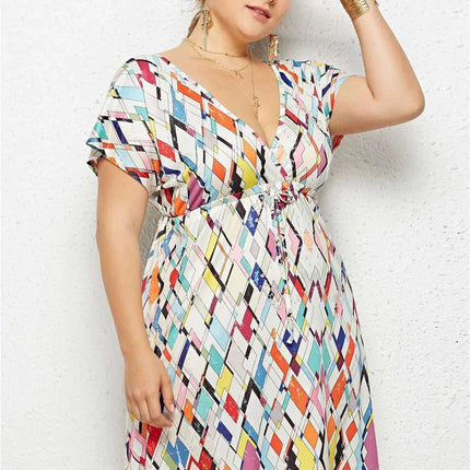 Printed Deep V - Neck Dress with Elastic Waist - Royalessencelux