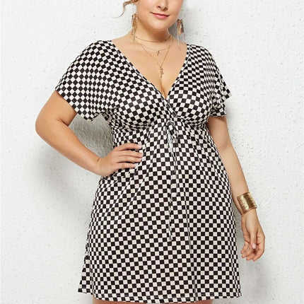 Printed Deep V - Neck Dress with Elastic Waist - Royalessencelux