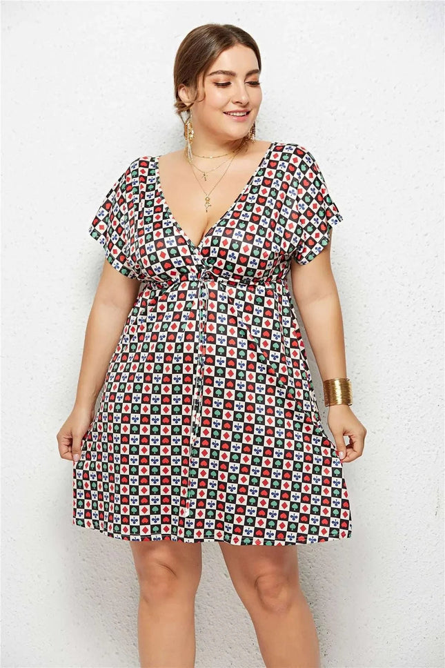 Printed Deep V - Neck Dress with Elastic Waist - Royalessencelux