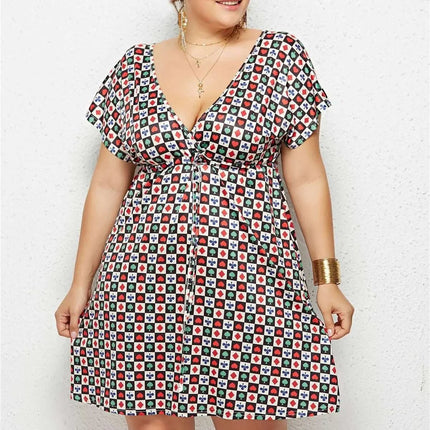 Printed Deep V - Neck Dress with Elastic Waist - Royalessencelux