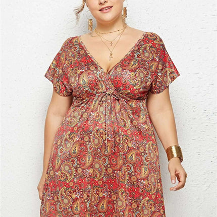 Printed Deep V - Neck Dress with Elastic Waist - Royalessencelux
